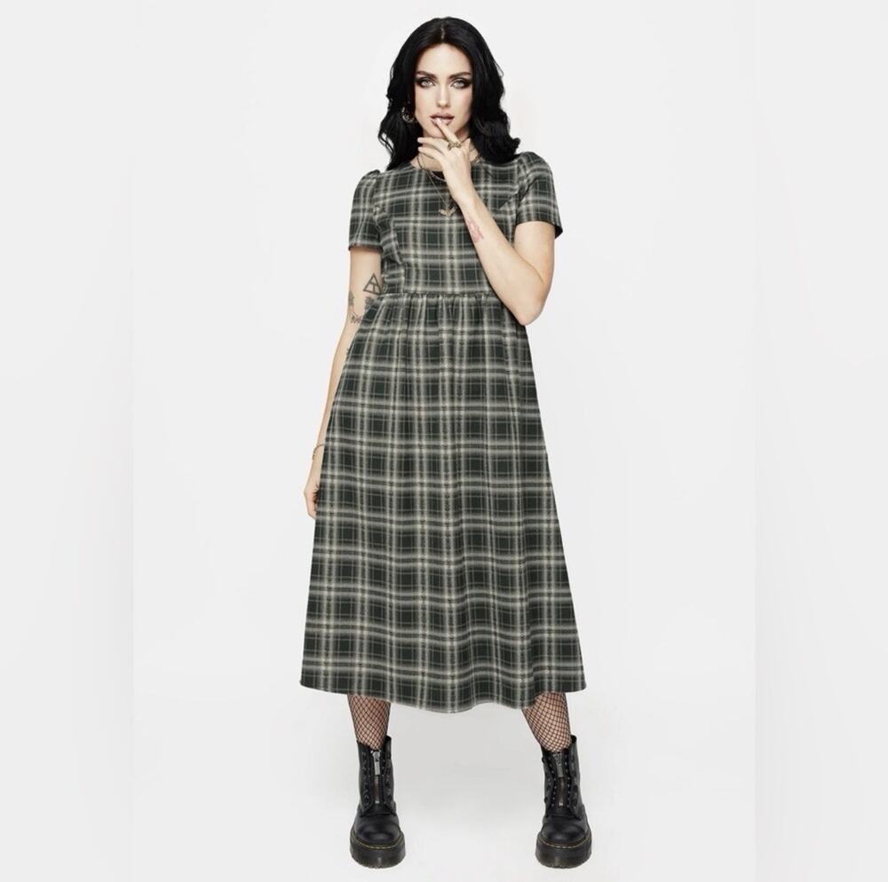 Disturbia Dress Women's 10 Green Check Tulisa Midi Flannel Dress Fairy Grunge